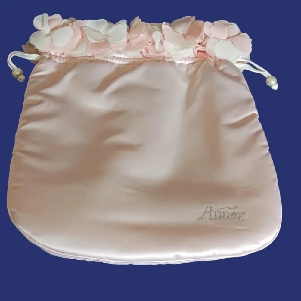 Aimer satin Dragstring Pouch Bag W/Stunning Floral Around The Top Blush Pink - Picture 3 of 14